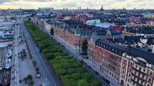 Aerial view of Strandvagen waterfront and Ostermalm district, Stockholm, Sweden