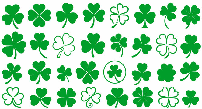 Clover leaf, St. Patrick&rsquo;s Day, vibrant green pattern, ideal for wallpapers, backgrounds, design elements. Various shapes, sizes, isolated on white