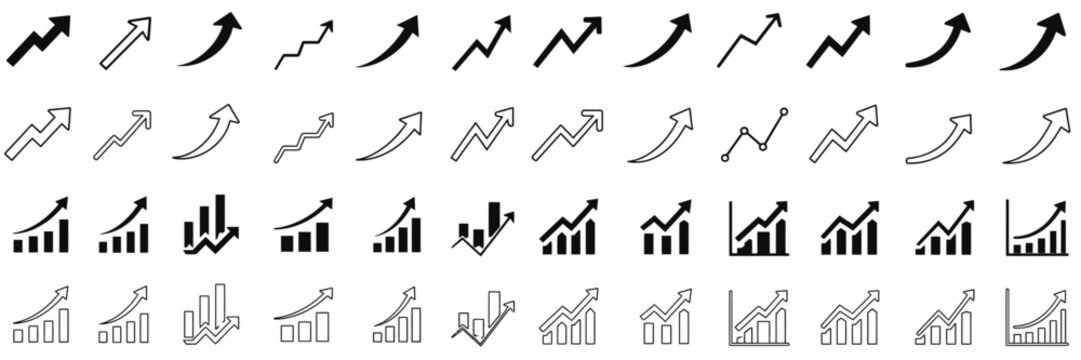 Growth chart, arrow icons set, upward trends, business progress, web design, mobile apps, success illustration, vector