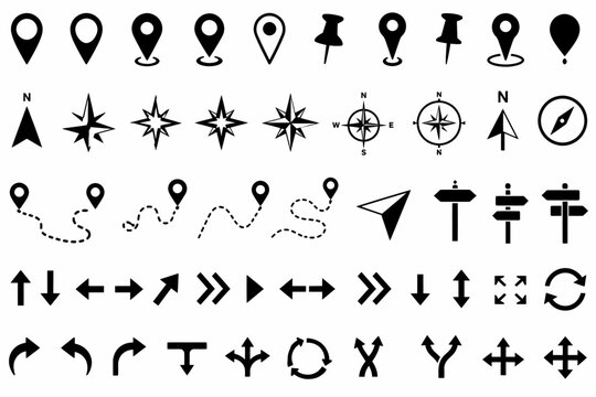 Navigation icons, compass rose symbols, and directional arrows in a black silhouette vector set. Includes map pins, location markers, and route indicators
