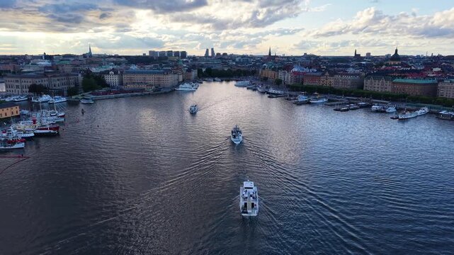 Aerial view of sailboats and boats in Stockholm bay, Sweden