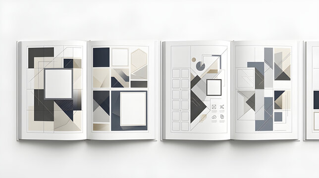 Minimalist geometric art book spread with abstract shapes and neutral tones
