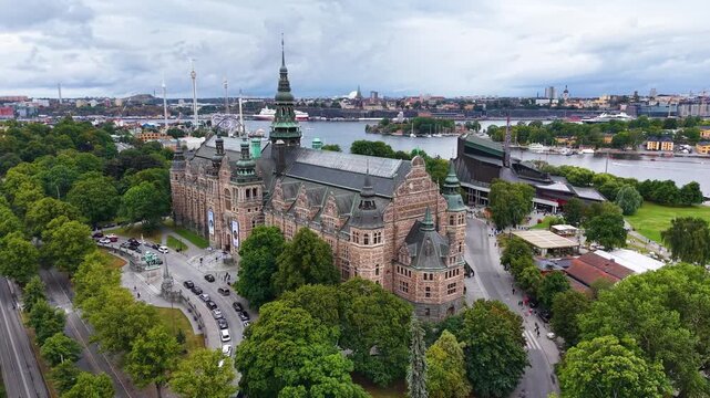 Aerial shot of Nordiska Museet (Nordic Museum) in Stockholm, Sweden