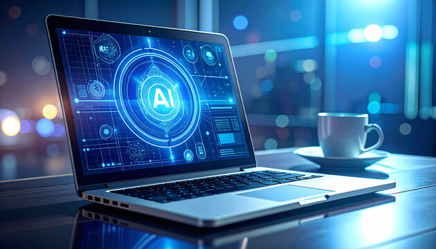 A laptop displays a glowing artificial intelligence interface on its screen in a dark office at night, no people. This hightech concept evokes innovation, progress, and future digital solutions.