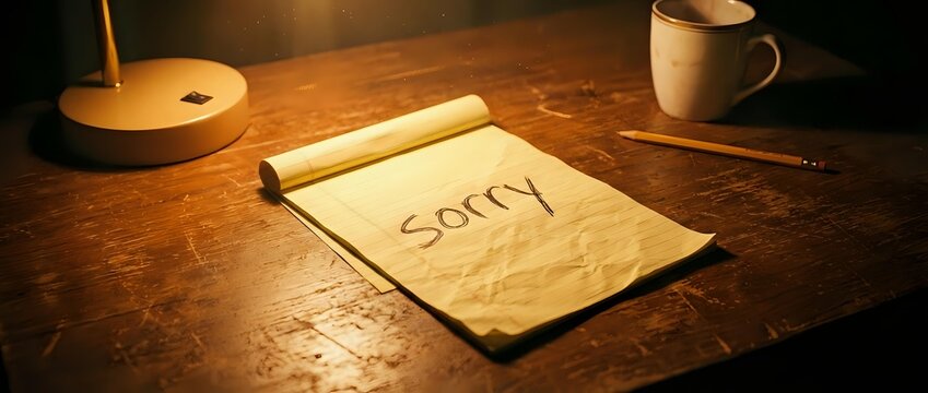 Handwritten sorry message on notepad placed on wooden desk with warm lighting, coffee mug, and candle nearby