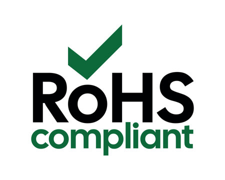 RoHS Compliant Certification Symbol with Green Checkmark, Bold Black Typography and Clean White Background, Environmental Compliance