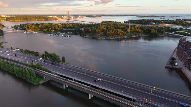 Aerial footage of Kulosaari Bridge (Kulosaaren silta) highway