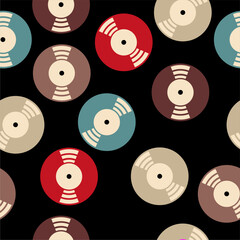 Seamless pattern print wallpaper with vinyl record discs music illustration vector retro style 60s, 70s, 80s, design art background for paper, textile, pack etc.   © Elena K