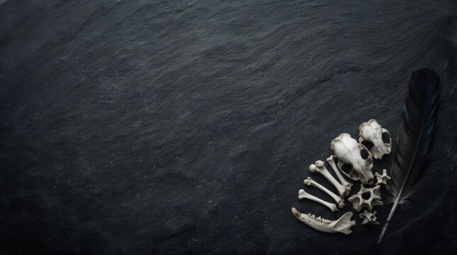 Skeleton hand bones and black feather arranged on dark textured slate surface