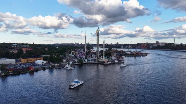 Drone shot over Grona Lund amusement park on Djurgarden, Stockholm, Sweden