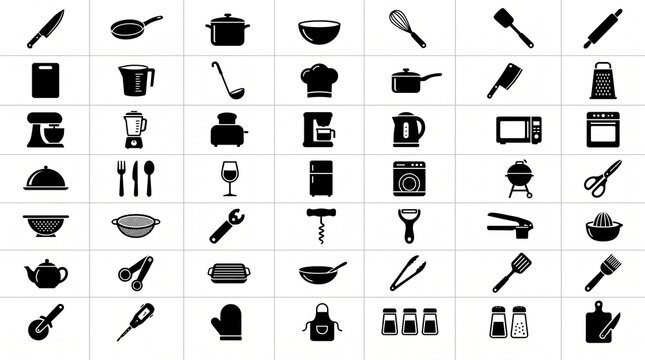 Kitchen icon set grid featuring black vector silhouettes of cooking tools, utensils, and appliances