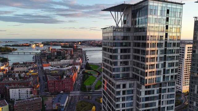 Flight over modern Kalasatama skyline in Helsinki city, Finland