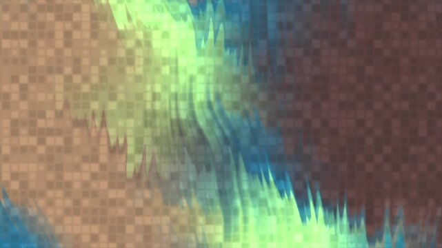 Abstract digital background with pixelated mosaic texture and flowing wave patterns in blue and green.
