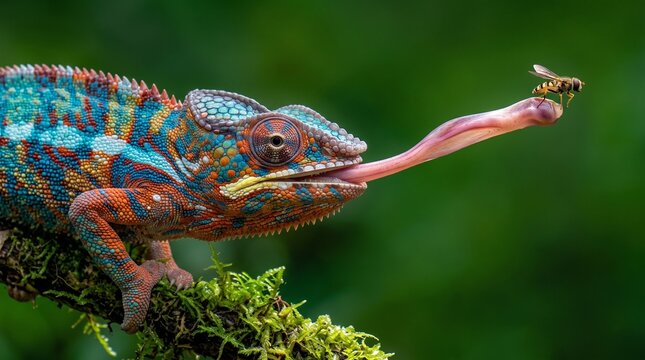 Chameleon Catching Insect with Long Extended Tongue