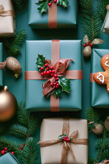 Obraz premium Group of gifts wrapped in green paper, perfect for holiday season ideas and promotions. vertical frame