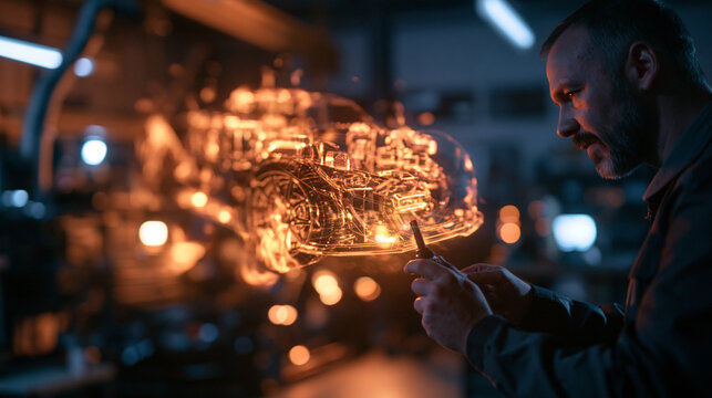 Engineer Inspecting Futuristic Holographic Car Prototype in Workshop