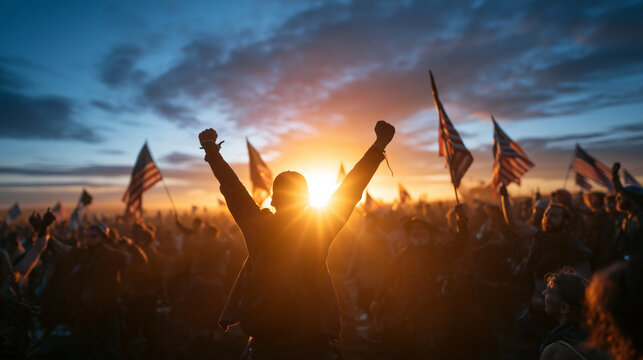 Man Cheering with Raised Arms at Sunset Political Rally