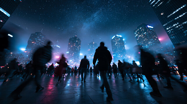 Crowd of People Walking in City at Night