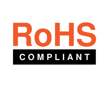 RoHS Compliant Certification Label with Vibrant Orange Typography and Black Compliance Banner, Bold Regulatory Graphic for Electronics, Environmental Standards