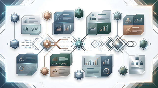 Modern business infographic template with data charts and geometric connection nodes