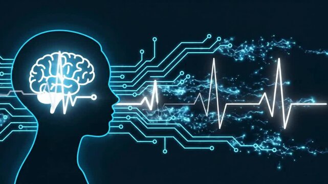 A medical monitoring concept combining a glowing brain and an ECG,