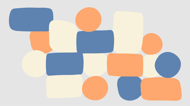 Abstract geometric shapes in a staggered grid pattern, flat design with rounded corners and circles in blue, orange, and cream.
