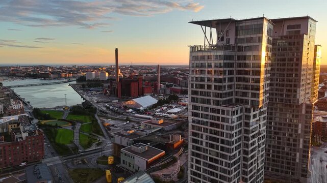 High-rise buildings in Kalasatama at sunset, Helsinki, Finland
