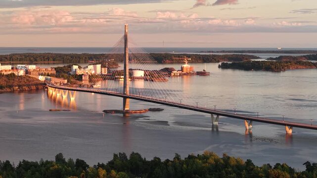 Sunset aerial view of Kruunuvuorensilta Bridge, Helsinki, Finland
