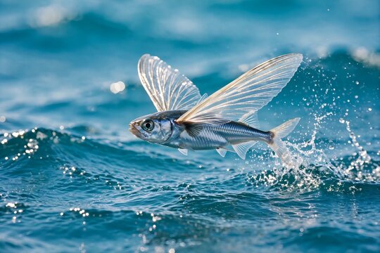 A flying fish of the Exocoetidae family leaping out of the blue ocean water with its large translucent pectoral fins spread wide like wings creating a splash on the surface