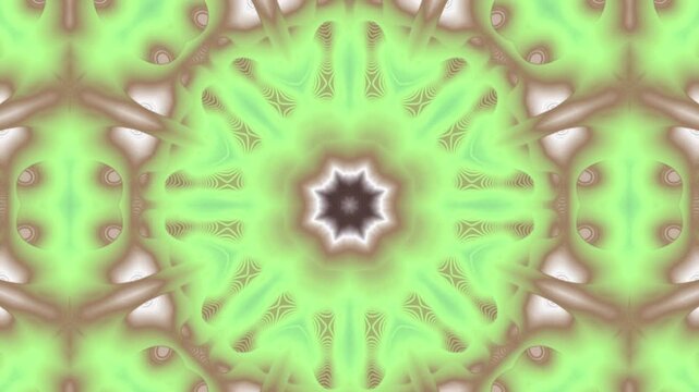 Abstract symmetrical kaleidoscope pattern with soft green and brown tones.