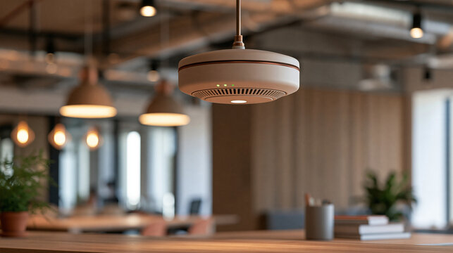 Close up of a smoke detector ceiling mount with a blinking green status light inside a modern open plan office space, exposed duct work and pendant lighting softly blurred in the