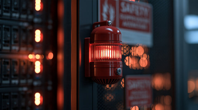 Suppression system activation warning strobe and horn sounder mounted at server room doorframe, fire alarm notification appliance beside safety signage, emergency alert hardware,