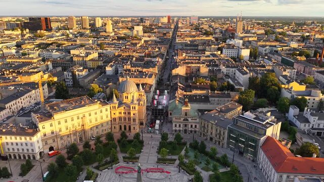 Sunset aerial view of Lodz city center skyline in Poland