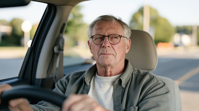 A retiree gripping steering wheel with both hands at ten and two while parallel parking attempt fails again, urban street, suburban driver anxiety, driving test practice stress,