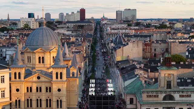 Aerial shot of Piotrkowska Street (Ulica Piotrkowska) at sunset, Lodz, Poland