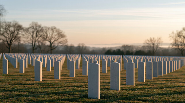 Rows of identical white military grave markers stretching across a hillside at dawn, soft mist, national cemetery, wartime loss memorial, fallen soldiers, commemoration,