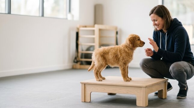 Golden Retriever puppy on training platform learning with a smiling trainer in a bright, modern studio, showcasing positive reinforcement and confidence building.