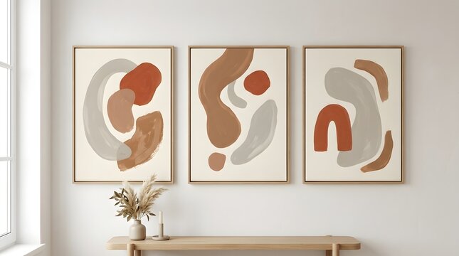 Minimalist abstract triptych wall art mockup in modern living room interior