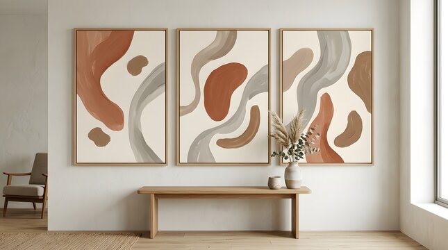 Modern minimalist living room interior with a wooden bench and three abstract art paintings on the wall