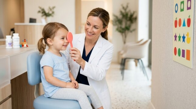 Pediatric eye exam: Toddler smiles during vision screening with occluder and shape chart in modern clinic