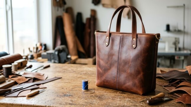 Handcrafted brown leather tote bag on a rustic workbench with leather scraps and tools, showcasing artisanal skill and quality materials