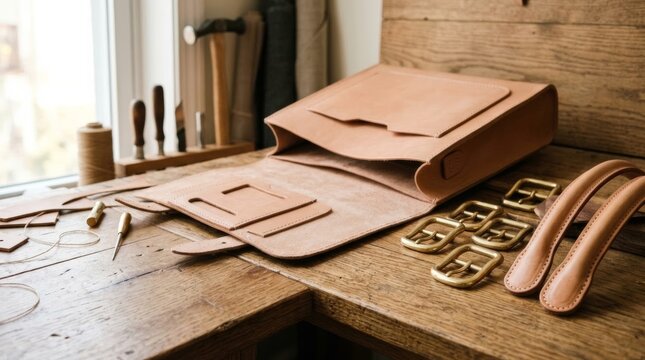 Leather bag crafting with brass hardware and tools on a rustic workbench, premium artisan design