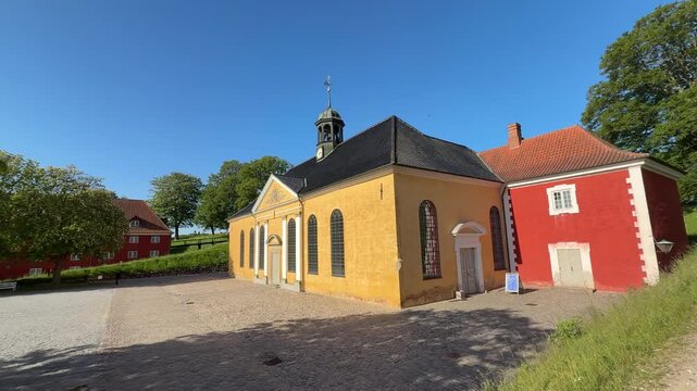 Historic yellow church building inside Kastellet citadel, Copenhagen, Denmark