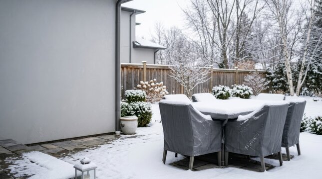 Snow covered outdoor dining set and chairs protected by covers in a serene winter backyard setting