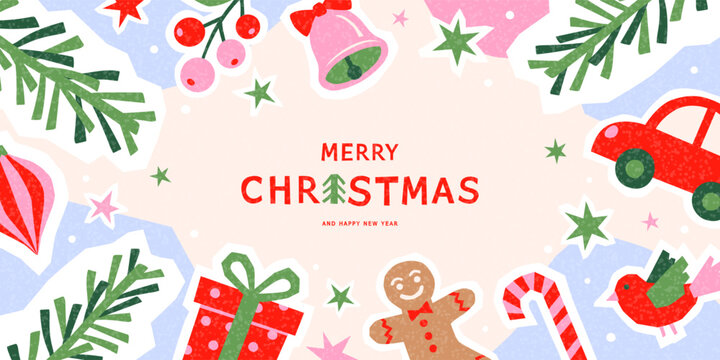 Modern retro Christmas banner with rough cut-paper ornaments, pine branches, gifts, gingerbread man and candy cane. Festive holiday design with grainy print texture. Vector illustration