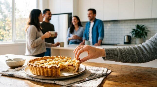 Hand taking slice of homemade apple pie in bright kitchen with colleagues chatting in background