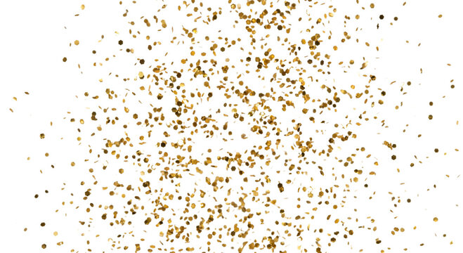 Scattered golden confetti raining down on a white background for celebrations