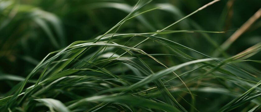 風に揺れる緑の草のクローズアップ。自然や環境関連の背景素材に最適な植物写真。