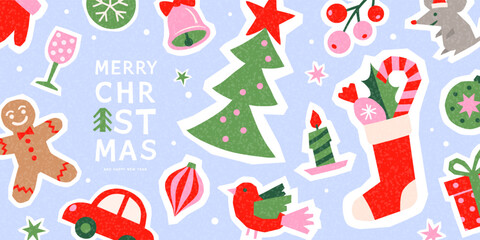 Obraz premium Christmas banner with colorful paper-cut ornaments, Christmas tree, gingerbread man, candy cane, gifts and festive elements. Modern retro flat design with grainy print texture. Vector illustration.