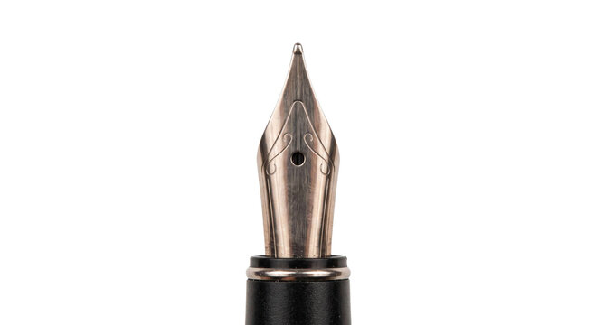 Close-up macro shot of a vintage metal fountain pen nib with intricate detailing